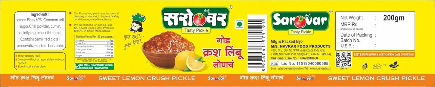 Just Sarovar Sweet Lemon Crush Pickle, No Artificial Flavours